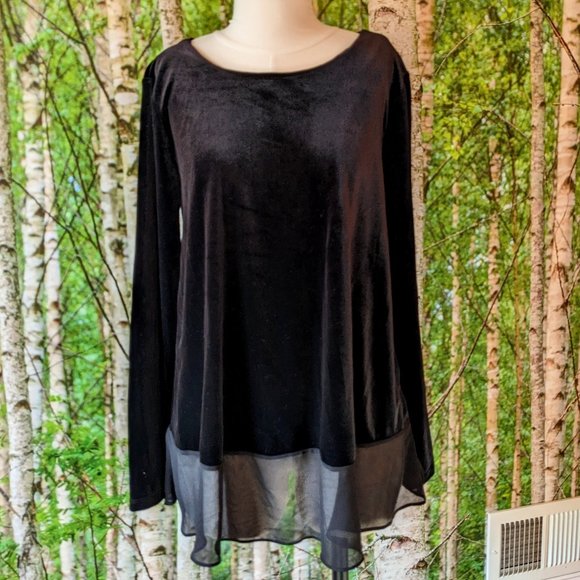 Ellen Tracy Black Velvet & Chiffon Long Sleeve Boat Neck Top - Picture 1 of 7